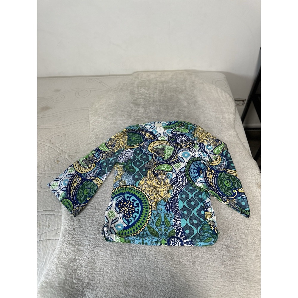 Chico's Medallion Tulip Sleeve Top Size 2 Large New Paisley Blue Green Tunic